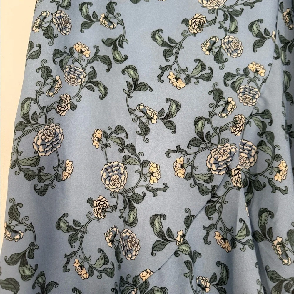 Blue Floral Faux Wrap Midi Skirt